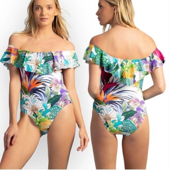 Trina Turk-Amazonia Off Shoulder Ruffle One-Piece Swimsuit Size 4 XS/S - Picture 2 of 5
